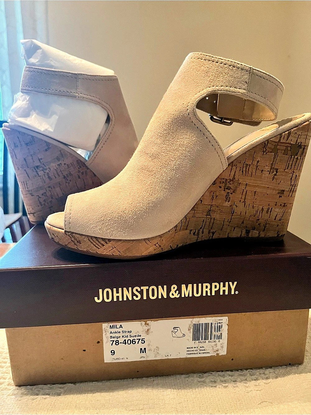 Johnston & Murphy Mila Ankle Strap Cork Wedges Beige & Brown US 9 M